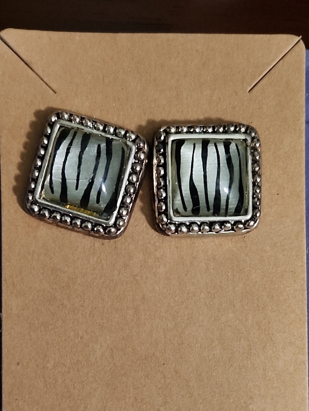 Silver-Beaded Square Stud Earrings with Pale Green Zebra Pattern